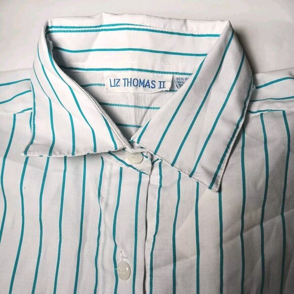Liz Thomas II Blouse Plus Size 40 White Teal Stripe Short Vintage 80s 90s NOS - Picture 12 of 12